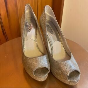 Michael Kors Women's Silver Glitter Peep Toe 5” Heels - 9.5